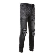 New High Street Washed Broken Cashew Flower Slim Casual Men's Jeans