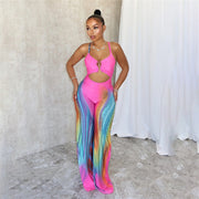 Summer New Sexy Tight Backless Contrast Color Low-cut Sling High Waist Jumpsuit