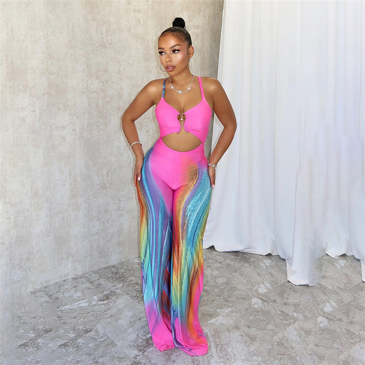 Summer New Sexy Tight Backless Contrast Color Low-cut Sling High Waist Jumpsuit