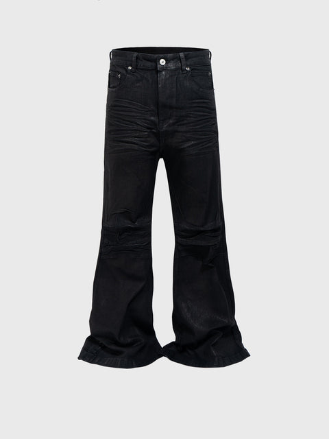 Vinyl Coated Wide Leg Trousers Crease Texture Jeans