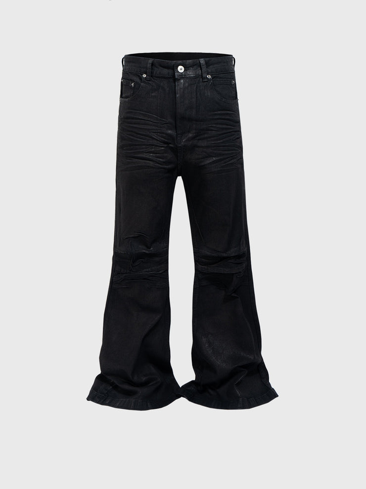 Vinyl Coated Wide Leg Trousers Crease Texture Jeans