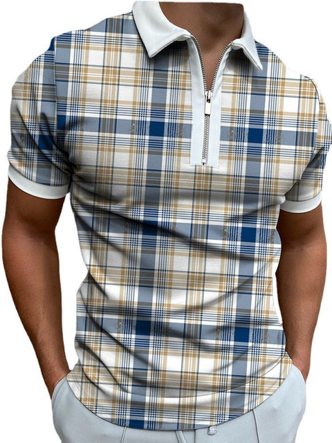 European And American POLO Zipper Checkered Men&