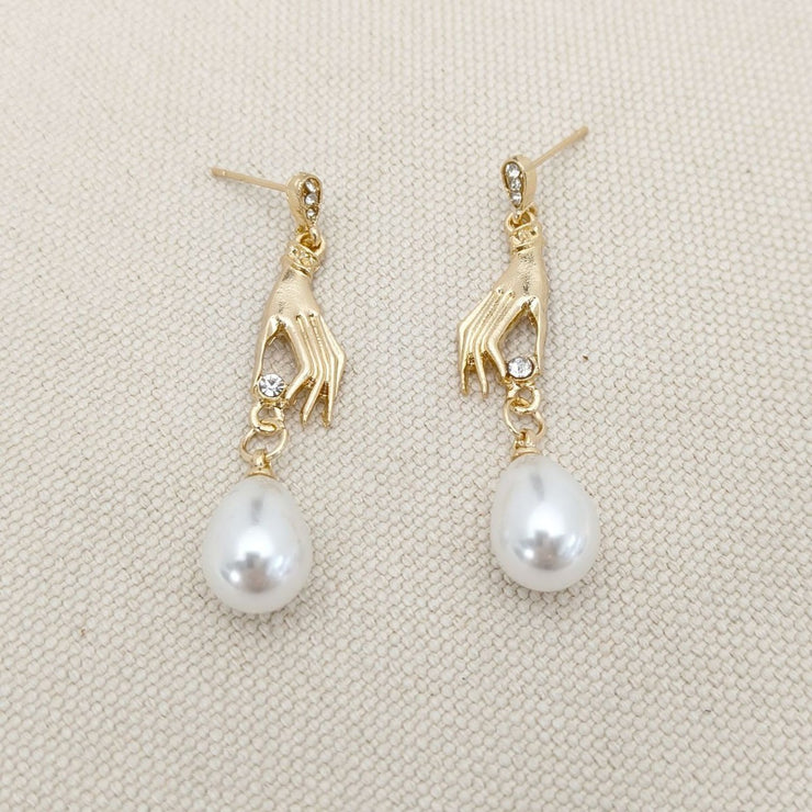 Micro Inlaid Zircon Palm Pearl Eardrops Earrings
