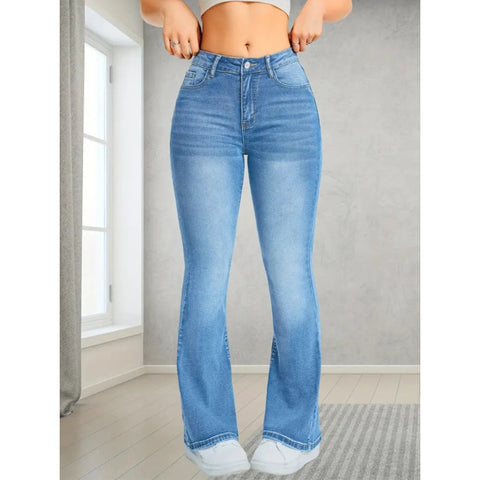 Pocket Design Loose Flared Pants Slim Fit Light Blue Trousers