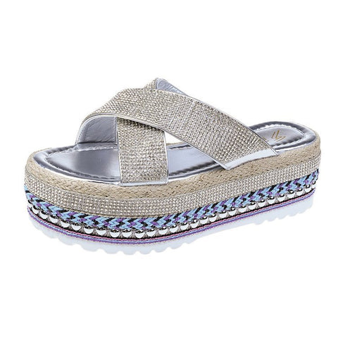 Cross Rhinestone Woven Waterproof Platform Toe Women&