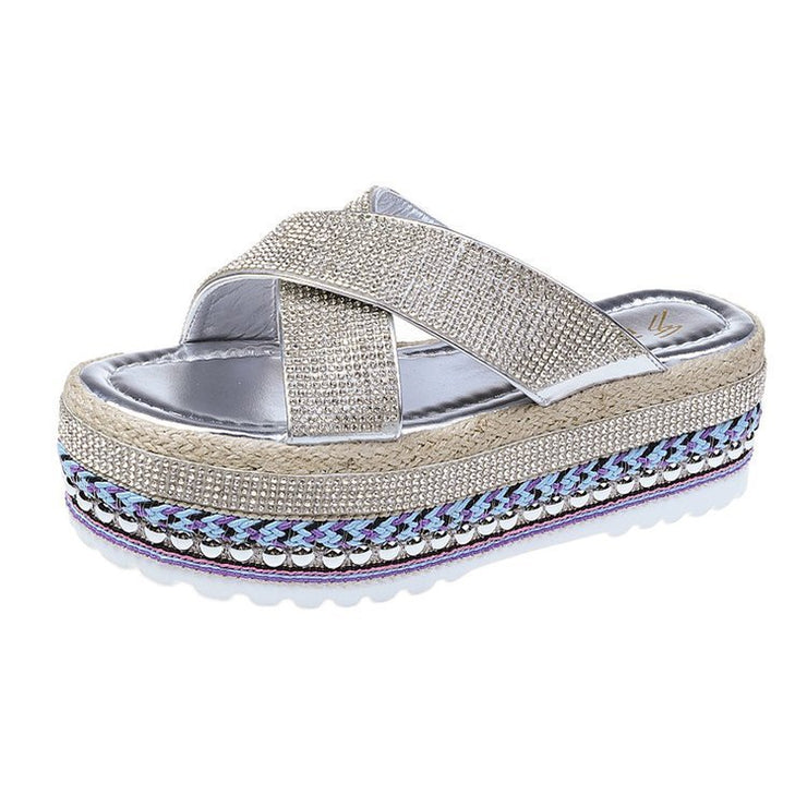 Cross Rhinestone Woven Waterproof Platform Toe Women&
