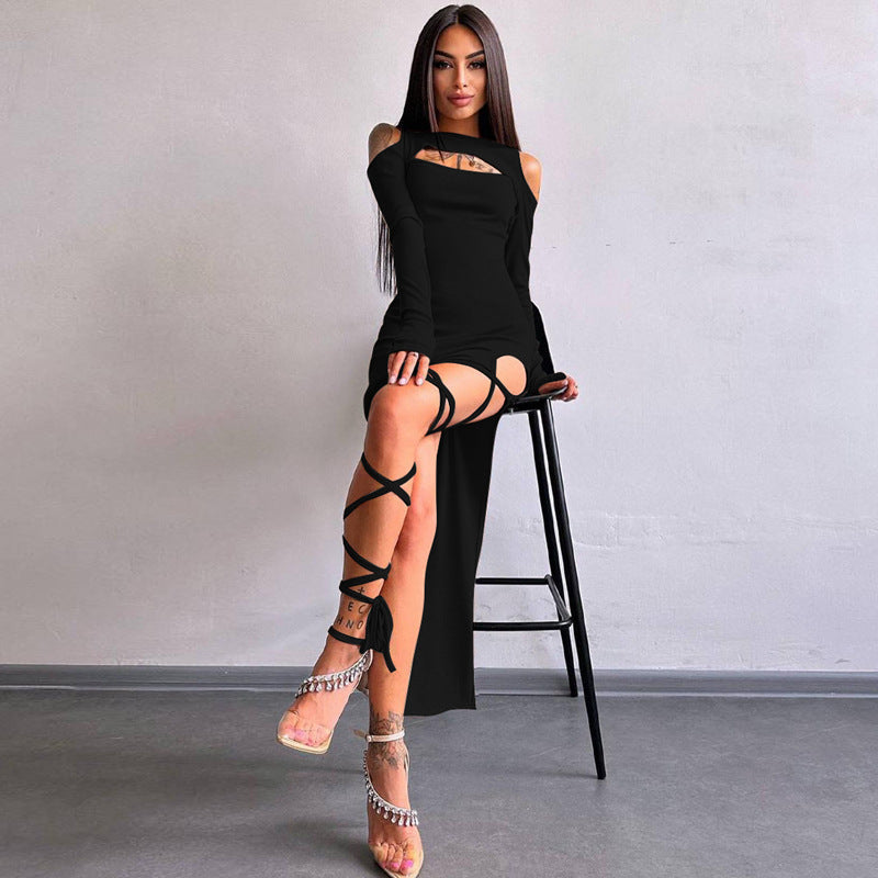 Women's Solid Color Long Sleeve Hollow-out Leggings Split Dress