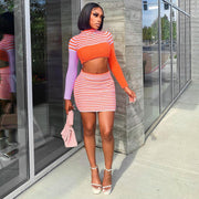 Polyester Women's Long Sleeve Striped Sweater Short Skirt Two Piece Fashion Casual Suit