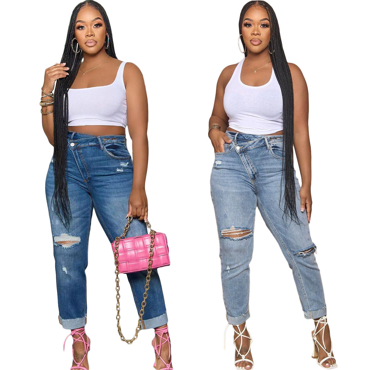 Women's Ripped Cool Diagonal Zipper Jeans