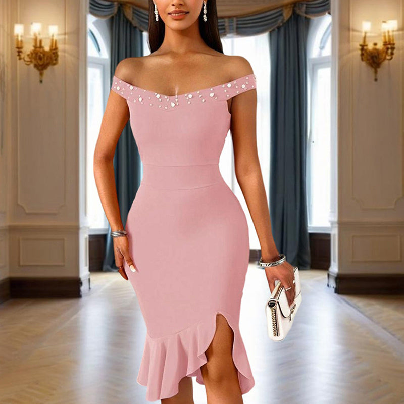 Women's Solid Color Beaded Off-Shoulder Bodycon Dress - Ruffle Hem & Slit Tight Midi Dress For Summer Parties