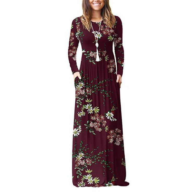 Pocket Dress Round Neck Waist Long Skirt