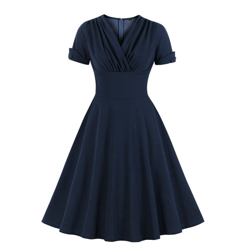 Retro temperament pleated waist big swing dress