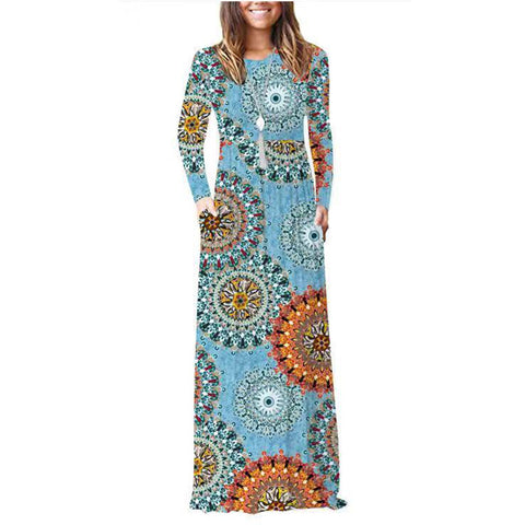 Pocket Dress Round Neck Waist Long Skirt