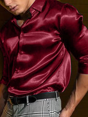 Men's Shirt Fashion Shiny Surface Lapel Long Sleeve Solid Color