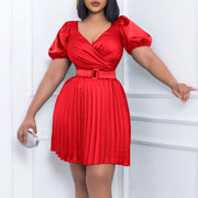 Summer V-neck Cinched Pleated European And American Style Dress