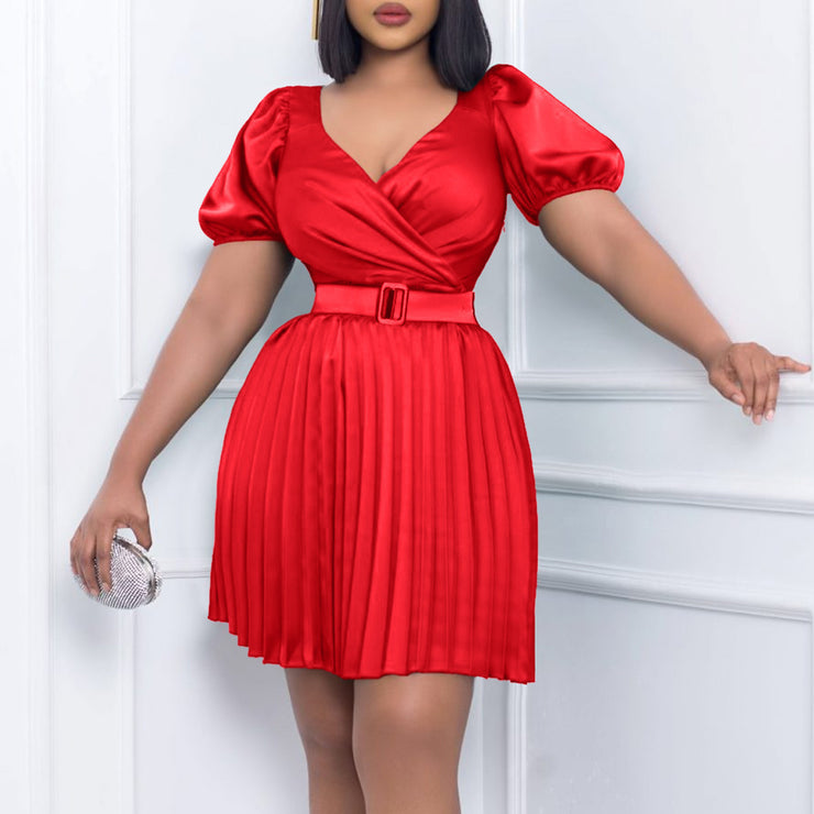 Summer V-neck Cinched Pleated European And American Style Dress