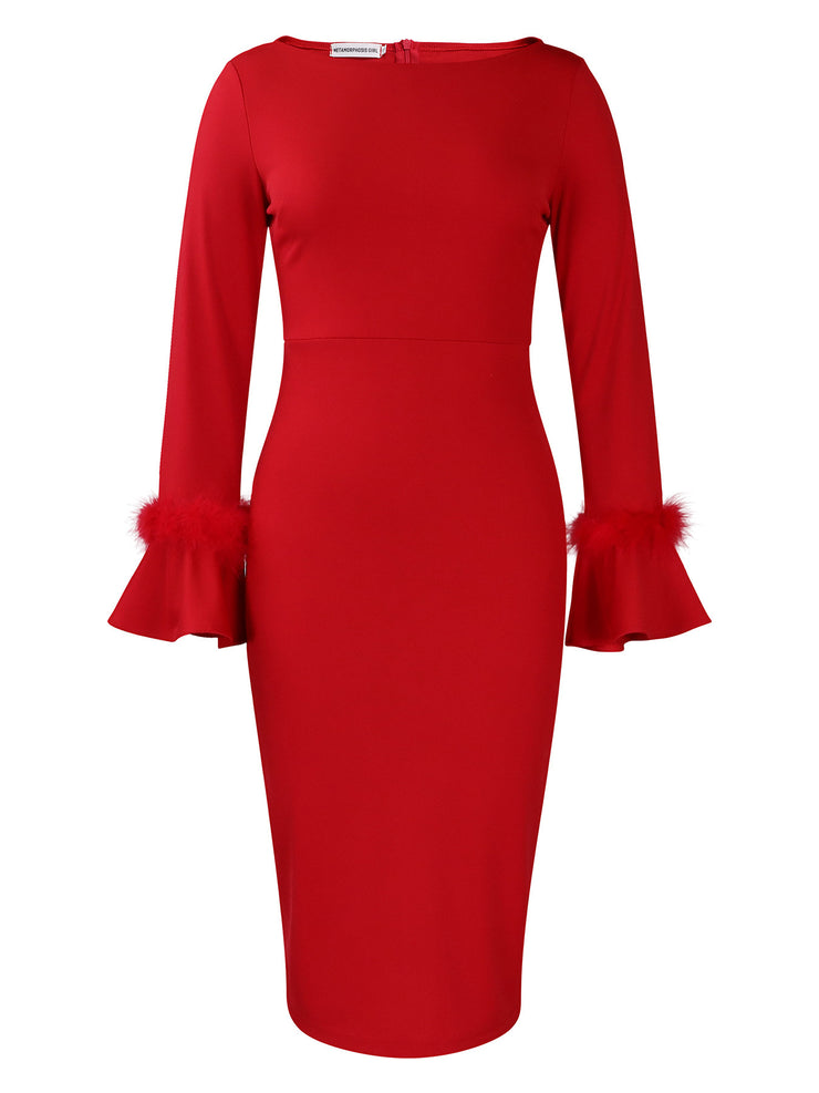 Fashion Solid Color Sheath Bell Sleeve OL African Dress