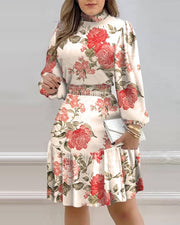 Floral Print Lantern Sleeve Ruffled Ladies Trendy Dress