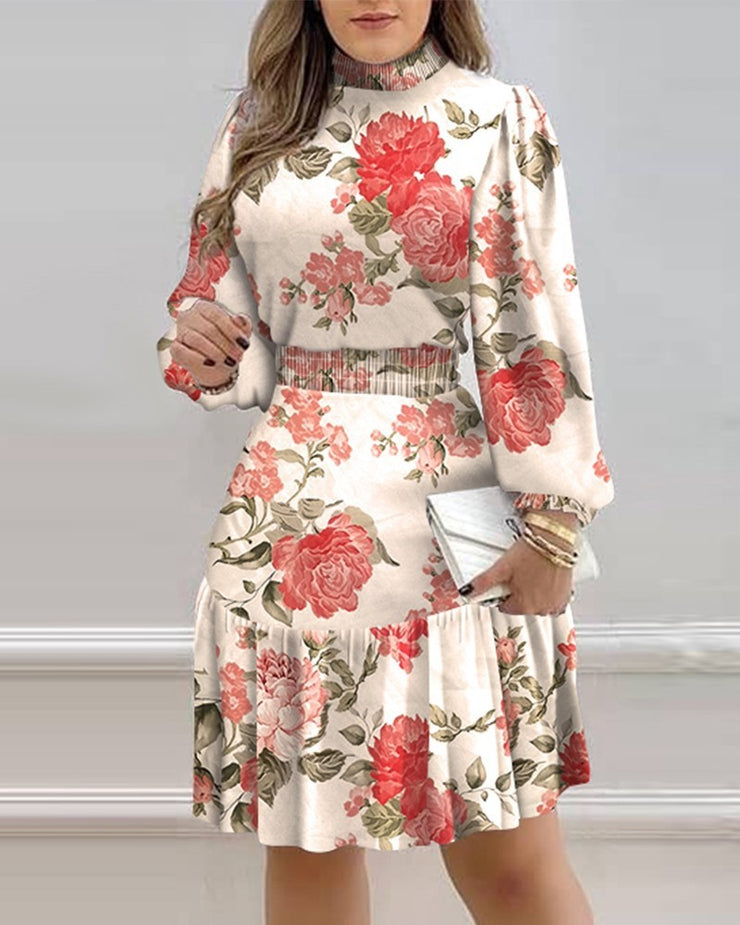 Floral Print Lantern Sleeve Ruffled Ladies Trendy Dress
