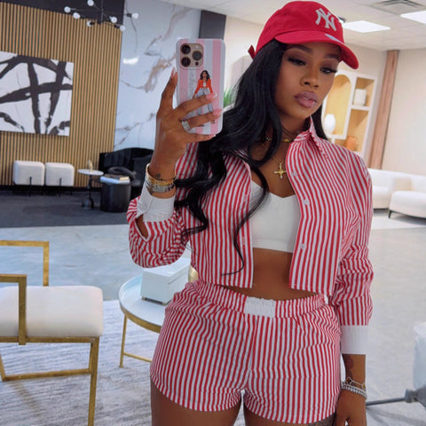 Striped Lapel Shirt And Shorts Two-piece Set