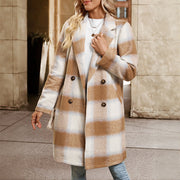 Mid-length Double-breasted Suit Collar Plaid Coat