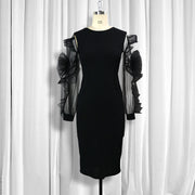 Mesh Flower Long Sleeve Slim Wrapped Pencil Skirt