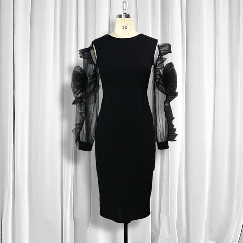 Mesh Flower Long Sleeve Slim Wrapped Pencil Skirt