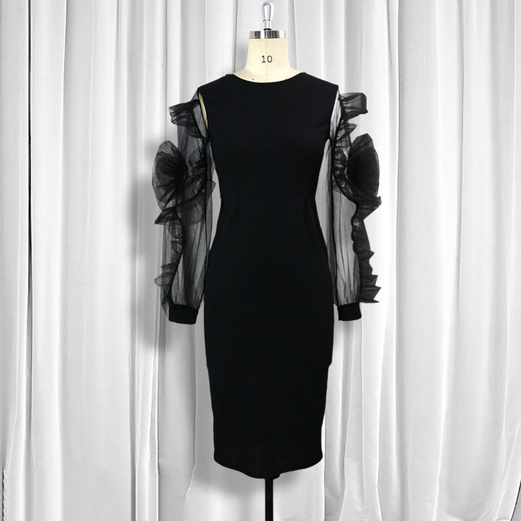 Mesh Flower Long Sleeve Slim Wrapped Pencil Skirt