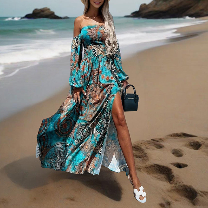 Women's Strapless Off-Shoulder Long Sleeve A-Line Dress - Bohemian Beach Maxi Dress With High Slit For Summer Vacation