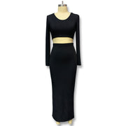 Solid Color Knitted Long-sleeve Suit Half-length Slit Sheath Skirt Two Pieces
