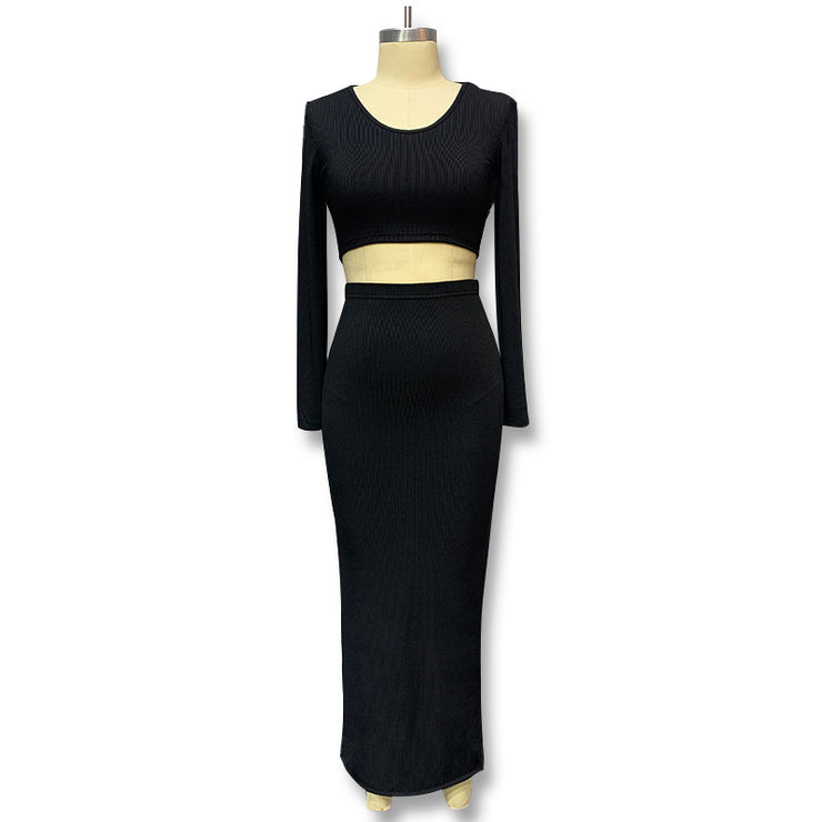 Solid Color Knitted Long-sleeve Suit Half-length Slit Sheath Skirt Two Pieces