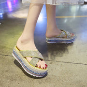 Cross Rhinestone Woven Waterproof Platform Toe Women's Slippers