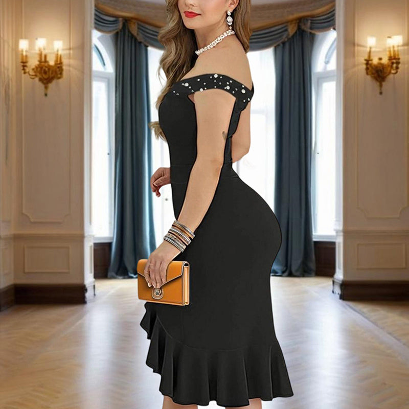 Women's Solid Color Beaded Off-Shoulder Bodycon Dress - Ruffle Hem & Slit Tight Midi Dress For Summer Parties