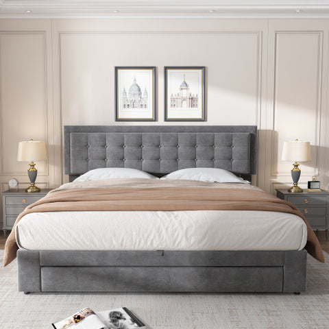 Upholstered Bed King Size Bed 5ft 150x200cm Velvet Fabric  Double Bed  Large Storage Space,With Slats And Headboard,Without Mattress,Grey