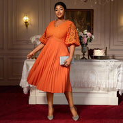 Lace Hollow Pattern Puff Sleeve V-neck Slimming A Swing Elegant Pleated Dress