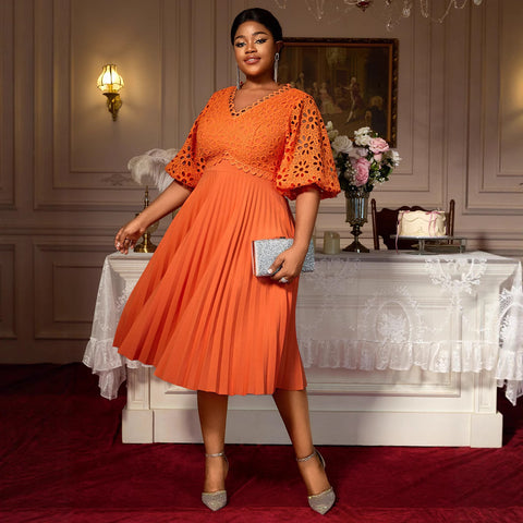 Lace Hollow Pattern Puff Sleeve V-neck Slimming A Swing Elegant Pleated Dress