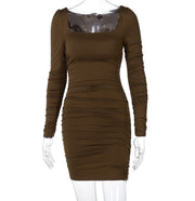 Pure color basic slim slimming pleated hip dress