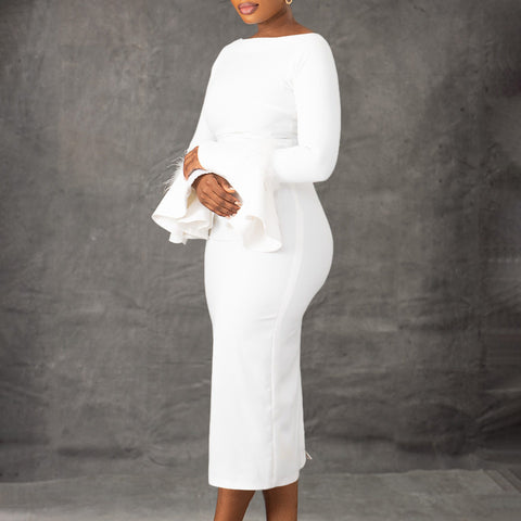 Fashion Solid Color Sheath Bell Sleeve OL African Dress