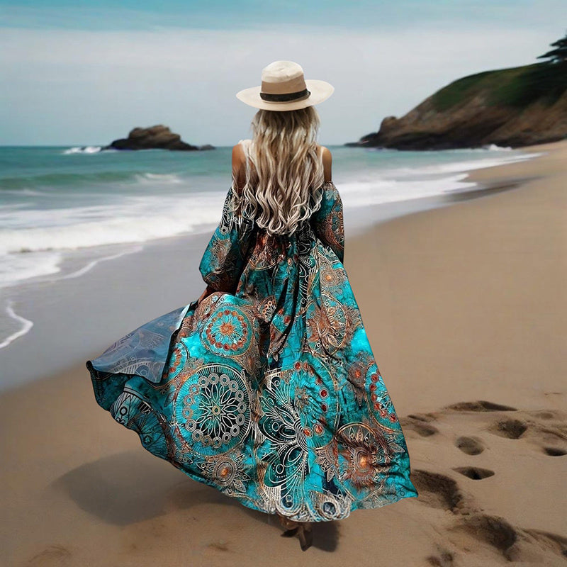 Women's Strapless Off-Shoulder Long Sleeve A-Line Dress - Bohemian Beach Maxi Dress With High Slit For Summer Vacation