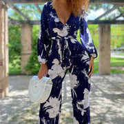 Fashion V-neck Long Sleeve Loose Wide Leg Printed Jumpsuit