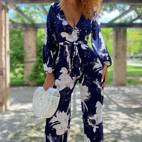 Fashion V-neck Long Sleeve Loose Wide Leg Printed Jumpsuit