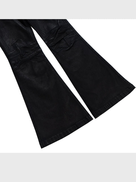 Vinyl Coated Wide Leg Trousers Crease Texture Jeans