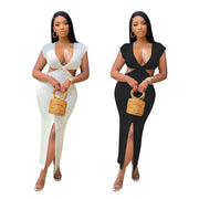 Solid Color Fashion Package Hip V Neck Dress