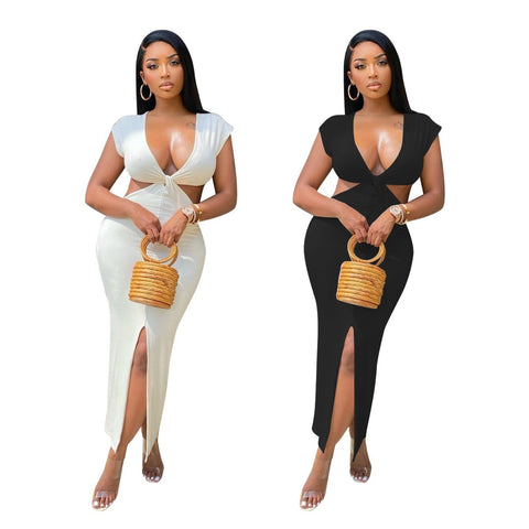 Solid Color Fashion Package Hip V Neck Dress