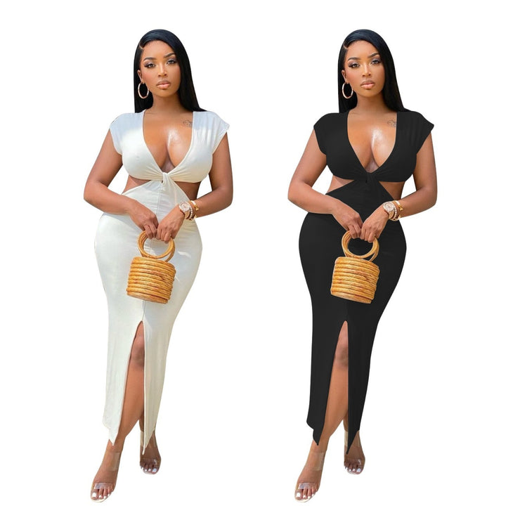 Solid Color Fashion Package Hip V Neck Dress