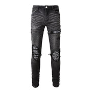 New High Street Washed Broken Cashew Flower Slim Casual Men's Jeans