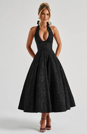 Elegant V-Neck Halter Floral Jacquard Evening Dress - Backless Sleeveless A-Line Gown With Waist Accent For Women