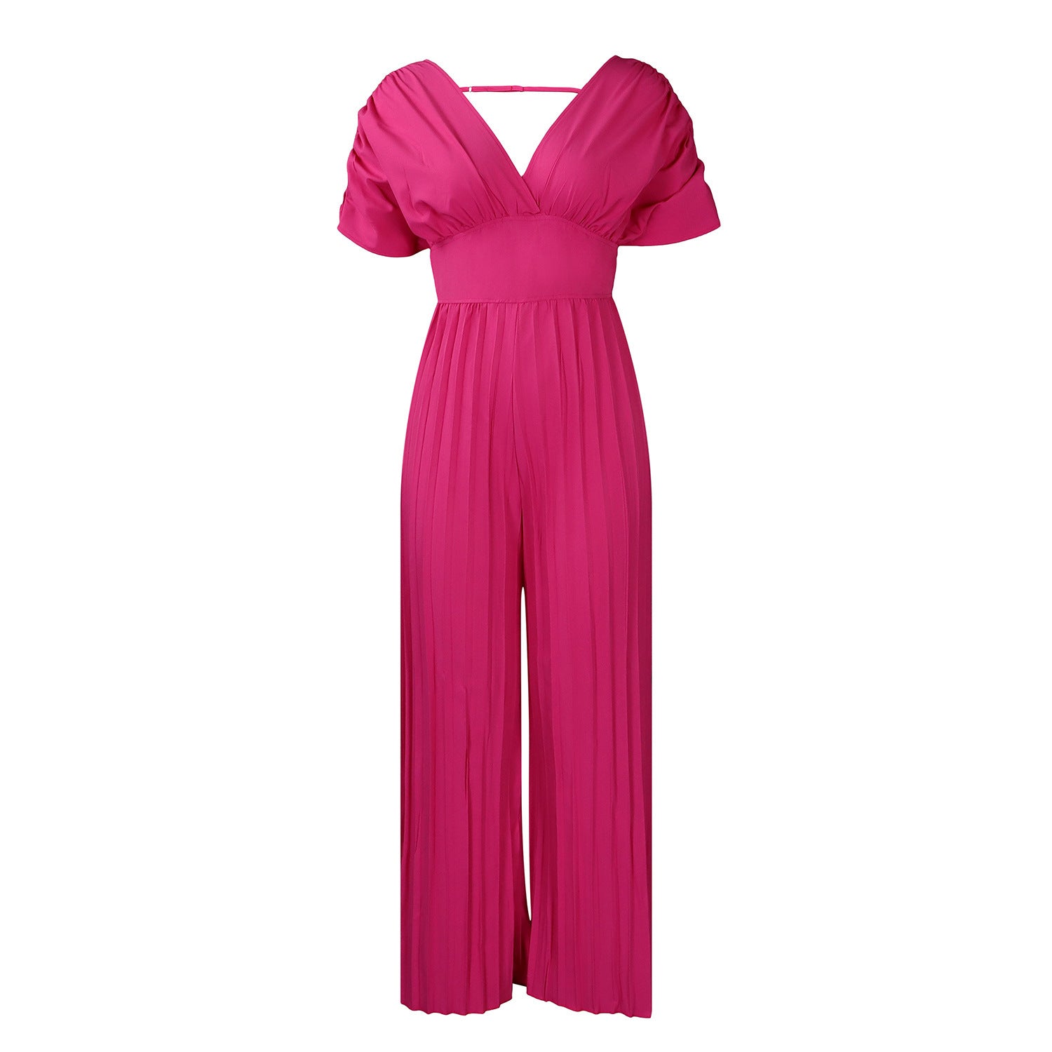 Women's V-neck Solid Color Pleated Jumpsuit