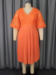 Lace Hollow Pattern Puff Sleeve V-neck Slimming A Swing Elegant Pleated Dress
