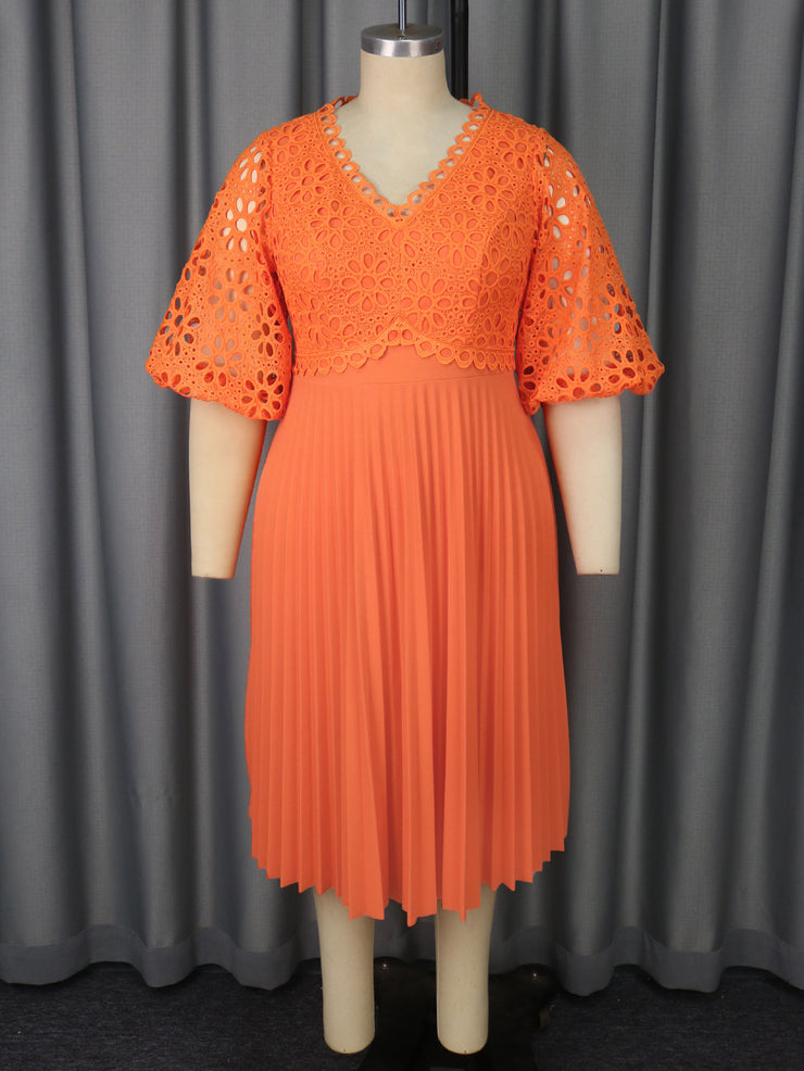 Lace Hollow Pattern Puff Sleeve V-neck Slimming A Swing Elegant Pleated Dress